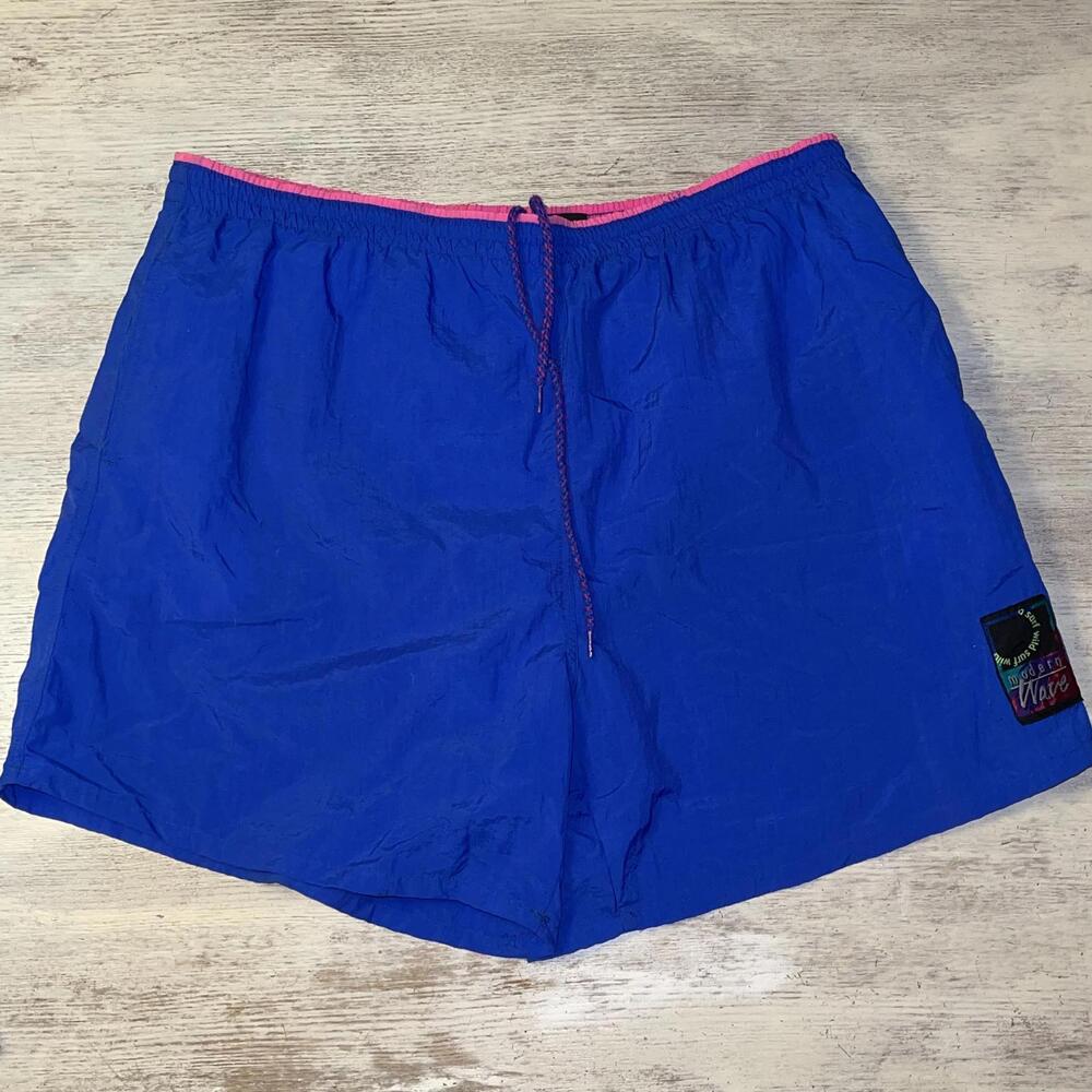EUC Vintage Modern Waves 80s Mens Neon Blue Pink Swim Trunks Size XL